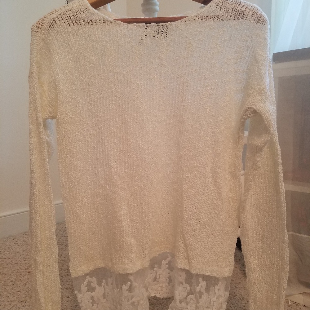 New Directions Distressed White Lace Sweater